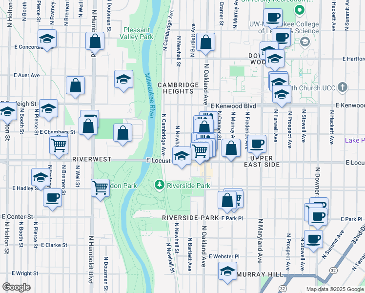 map of restaurants, bars, coffee shops, grocery stores, and more near 2973 North Bartlett Avenue in Milwaukee
