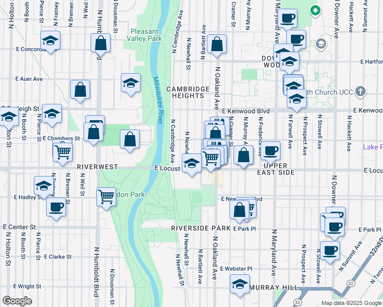 map of restaurants, bars, coffee shops, grocery stores, and more near 2973 North Bartlett Avenue in Milwaukee
