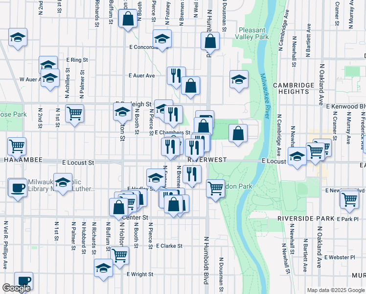 map of restaurants, bars, coffee shops, grocery stores, and more near 2962 North Bremen Street in Milwaukee