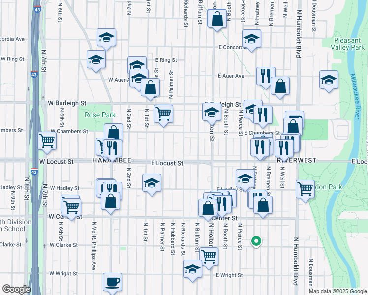 map of restaurants, bars, coffee shops, grocery stores, and more near 2964 North Richards Street in Milwaukee