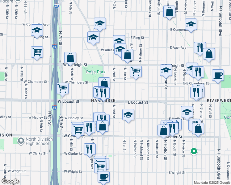 map of restaurants, bars, coffee shops, grocery stores, and more near in Milwaukee