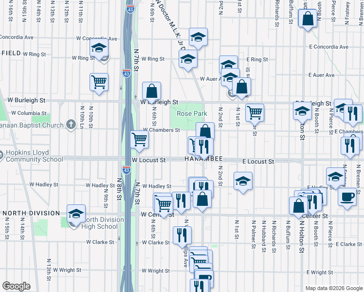 map of restaurants, bars, coffee shops, grocery stores, and more near 2948 North 5th Street in Milwaukee