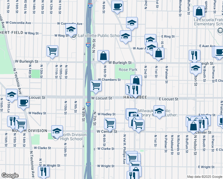 map of restaurants, bars, coffee shops, grocery stores, and more near 2960-2962 North 6th Street in Milwaukee