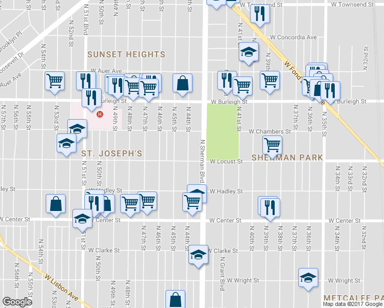 map of restaurants, bars, coffee shops, grocery stores, and more near 2943 North 44th Street in Milwaukee