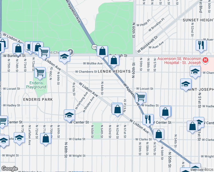 map of restaurants, bars, coffee shops, grocery stores, and more near 6325 West Girard Avenue in Milwaukee