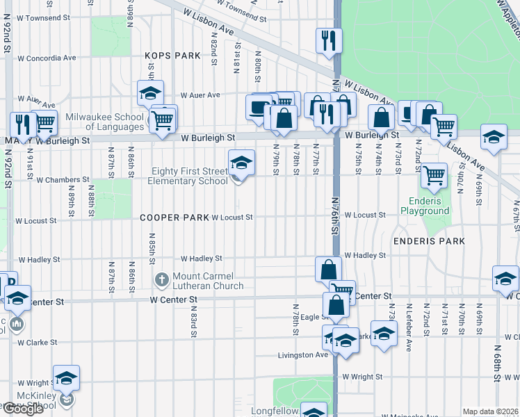 map of restaurants, bars, coffee shops, grocery stores, and more near 2936 North 80th Street in Milwaukee