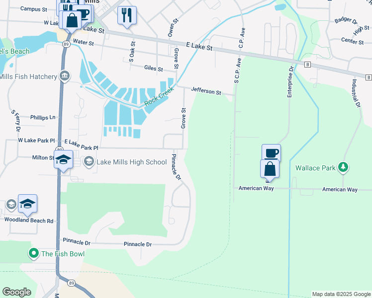 map of restaurants, bars, coffee shops, grocery stores, and more near 411 Grove Street in Lake Mills