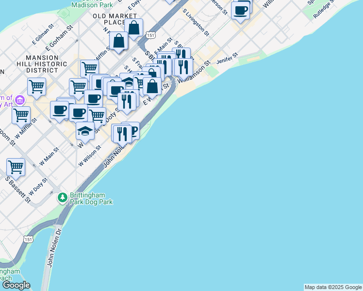 map of restaurants, bars, coffee shops, grocery stores, and more near Capital City Trail in Madison
