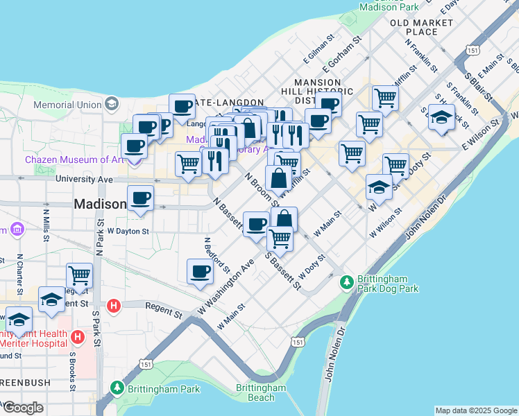 map of restaurants, bars, coffee shops, grocery stores, and more near 403 West Dayton Street in Madison