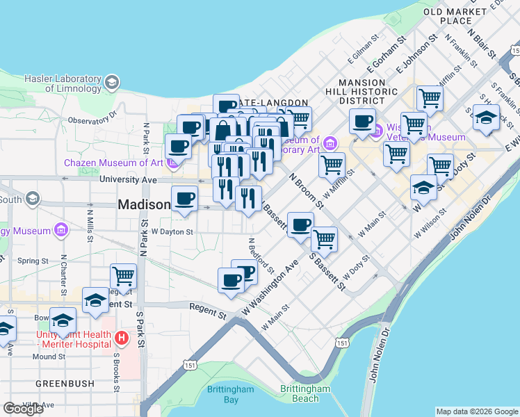 map of restaurants, bars, coffee shops, grocery stores, and more near 312 North Bassett Street in Madison