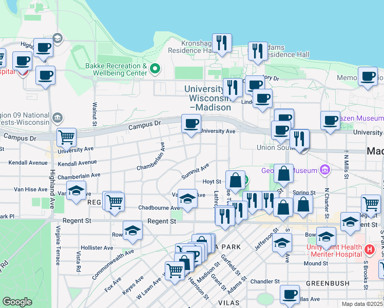 map of restaurants, bars, coffee shops, grocery stores, and more near 306 North Prospect Avenue in Madison