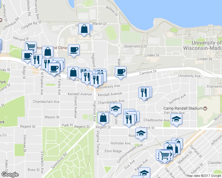 map of restaurants, bars, coffee shops, grocery stores, and more near 2312 University Avenue in Madison
