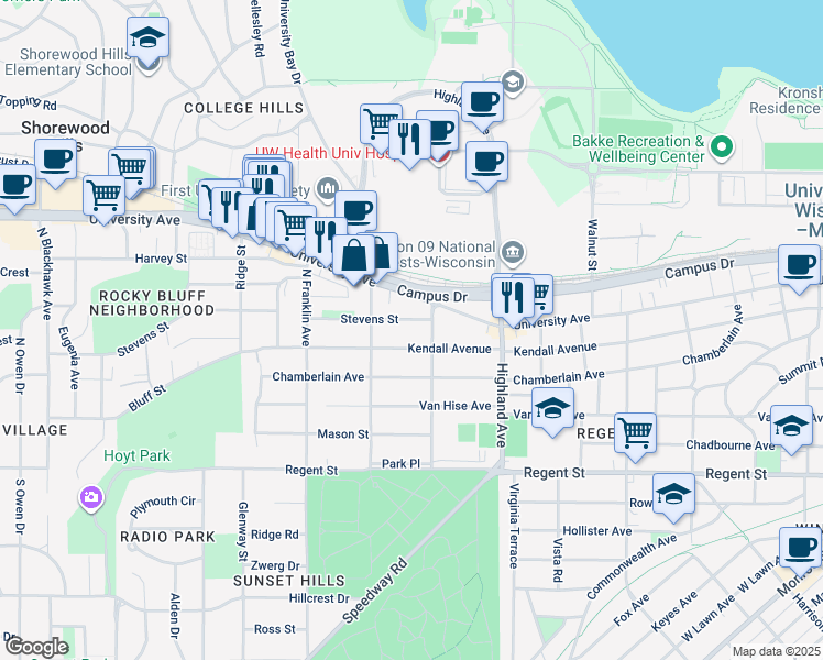 map of restaurants, bars, coffee shops, grocery stores, and more near 2601 University Avenue in Madison
