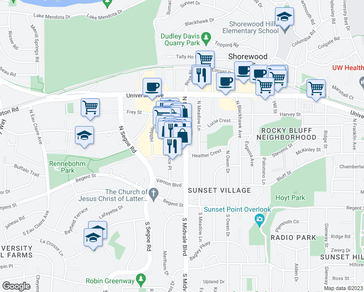 map of restaurants, bars, coffee shops, grocery stores, and more near 601 North Midvale Boulevard in Madison
