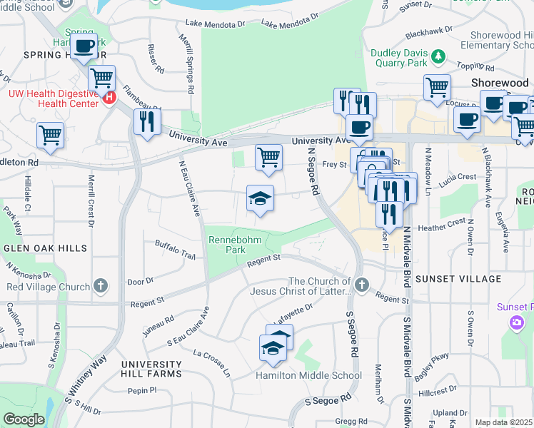 map of restaurants, bars, coffee shops, grocery stores, and more near 4815 Sheboygan Avenue in Madison