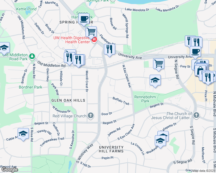 map of restaurants, bars, coffee shops, grocery stores, and more near 5029 Sheboygan Avenue in Madison