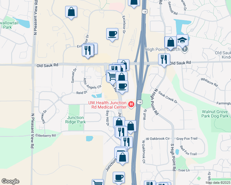 map of restaurants, bars, coffee shops, grocery stores, and more near 550 Junction Road in Madison