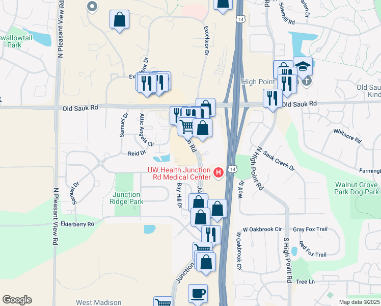 map of restaurants, bars, coffee shops, grocery stores, and more near 550 Junction Road in Madison