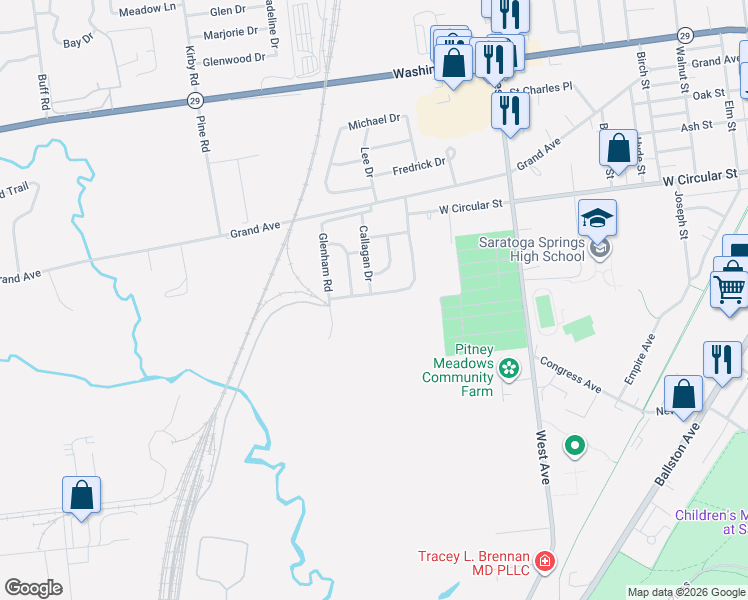 map of restaurants, bars, coffee shops, grocery stores, and more near 20 Callagan Drive in Saratoga Springs