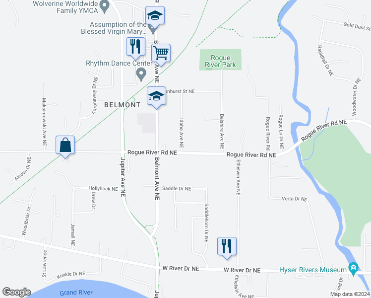 map of restaurants, bars, coffee shops, grocery stores, and more near 2505 Rogue River Road Northeast in Plainfield charter Township