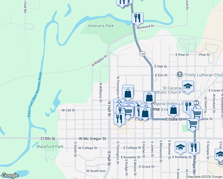 map of restaurants, bars, coffee shops, grocery stores, and more near 400-598 N Hall St in Algona