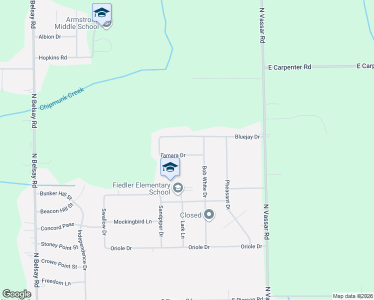 map of restaurants, bars, coffee shops, grocery stores, and more near 6348 Bluejay Drive in Flint