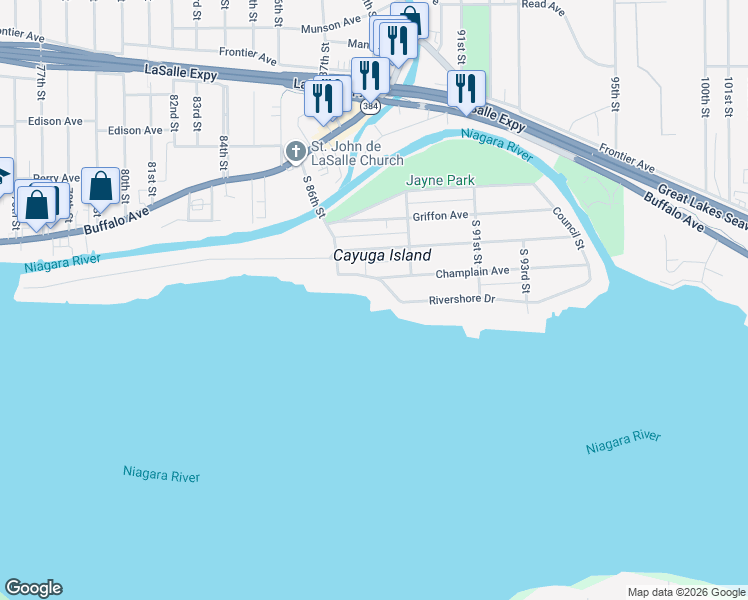 map of restaurants, bars, coffee shops, grocery stores, and more near 8635 Rivershore Drive in Niagara Falls
