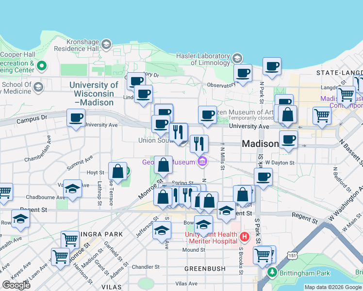map of restaurants, bars, coffee shops, grocery stores, and more near 302 North Orchard Street in Madison