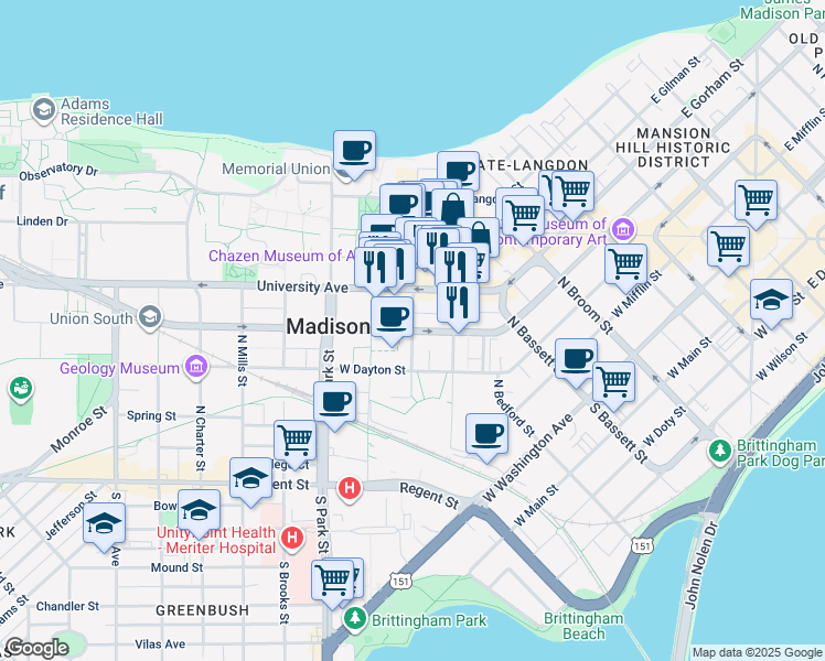 map of restaurants, bars, coffee shops, grocery stores, and more near West Johnson Street in Madison