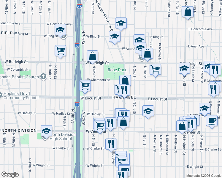 map of restaurants, bars, coffee shops, grocery stores, and more near 2948 North 5th Street in Milwaukee