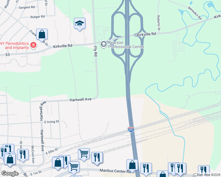 map of restaurants, bars, coffee shops, grocery stores, and more near 6232 Fly Road in East Syracuse
