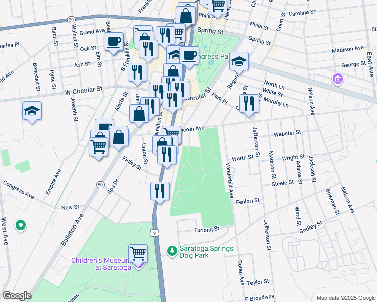 map of restaurants, bars, coffee shops, grocery stores, and more near Greenridge Cemetery in Saratoga Springs