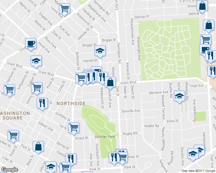 map of restaurants, bars, coffee shops, grocery stores, and more near 1601 Grant Boulevard in Syracuse