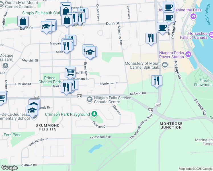 map of restaurants, bars, coffee shops, grocery stores, and more near 5926 Frontenac Street in Niagara Falls