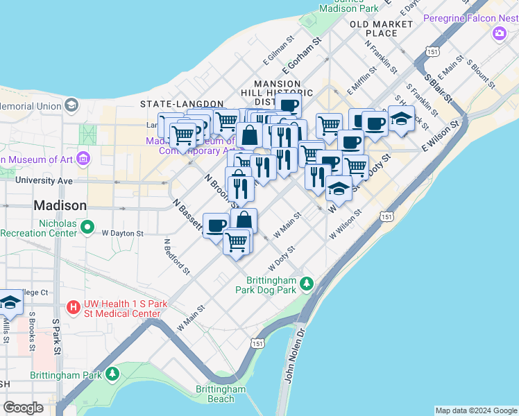 map of restaurants, bars, coffee shops, grocery stores, and more near 316 West Washington Avenue in Madison