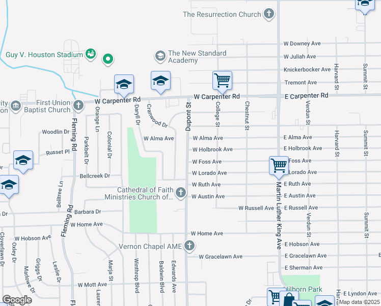 map of restaurants, bars, coffee shops, grocery stores, and more near 642 West Holbrook Avenue in Flint
