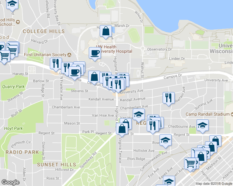 map of restaurants, bars, coffee shops, grocery stores, and more near 2516 University Avenue in Madison