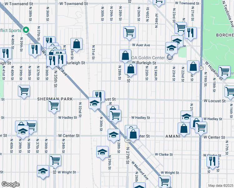 map of restaurants, bars, coffee shops, grocery stores, and more near 2940 North 29th Street in Milwaukee