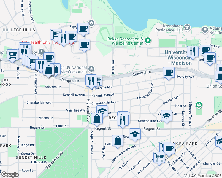 map of restaurants, bars, coffee shops, grocery stores, and more near 321 Walnut Street in Madison