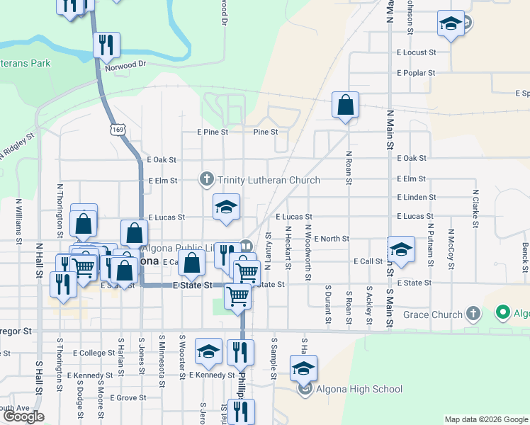 map of restaurants, bars, coffee shops, grocery stores, and more near 391 Universal Diagonal Street in Algona
