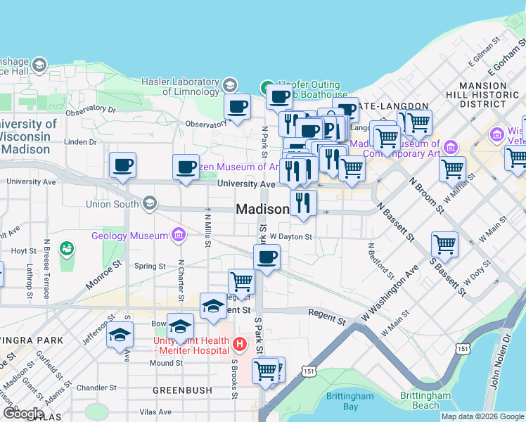 map of restaurants, bars, coffee shops, grocery stores, and more near West Johnson Street in Madison