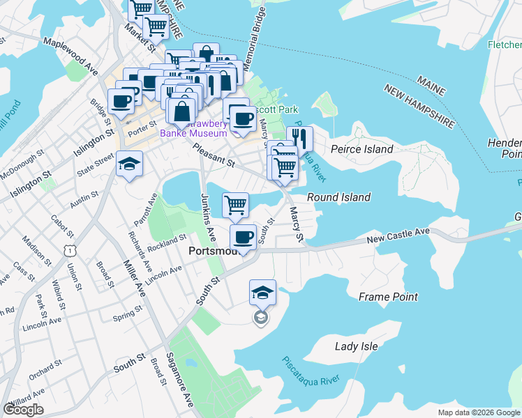 map of restaurants, bars, coffee shops, grocery stores, and more near 33 Johnson Court in Portsmouth