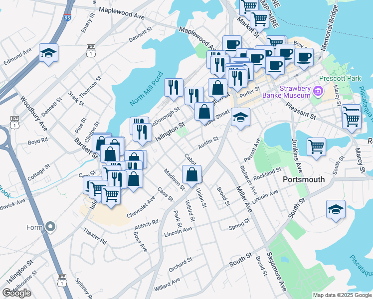 map of restaurants, bars, coffee shops, grocery stores, and more near 779 State Street in Portsmouth