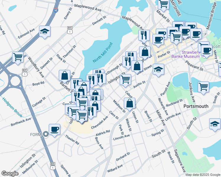 map of restaurants, bars, coffee shops, grocery stores, and more near 15 Union Street in Portsmouth