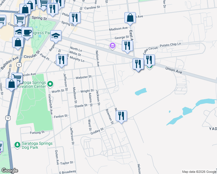 map of restaurants, bars, coffee shops, grocery stores, and more near 114 Nelson Avenue in Saratoga Springs