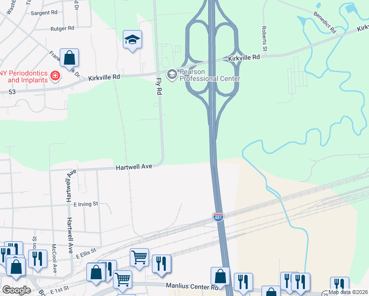 map of restaurants, bars, coffee shops, grocery stores, and more near 6232 Fly Road in East Syracuse