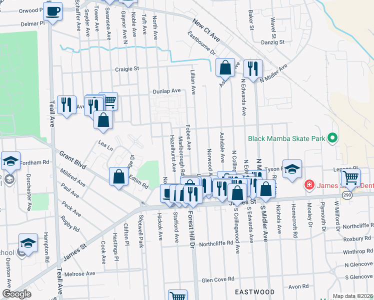 map of restaurants, bars, coffee shops, grocery stores, and more near 234 Fobes Avenue in Syracuse