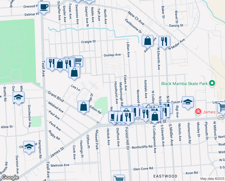 map of restaurants, bars, coffee shops, grocery stores, and more near 240 Hazelhurst Avenue in Syracuse