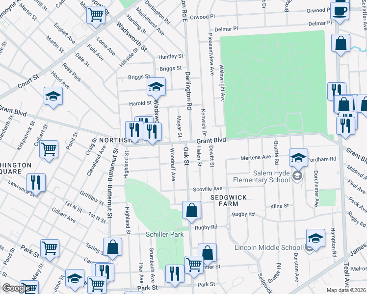 map of restaurants, bars, coffee shops, grocery stores, and more near in Syracuse