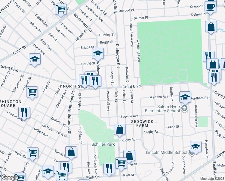 map of restaurants, bars, coffee shops, grocery stores, and more near in Syracuse